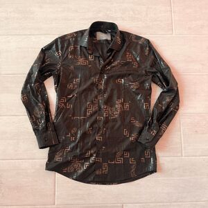 Above Dress Shirt Button Down Long Sleeve Black with Gold Greek Pattern Slim Fit